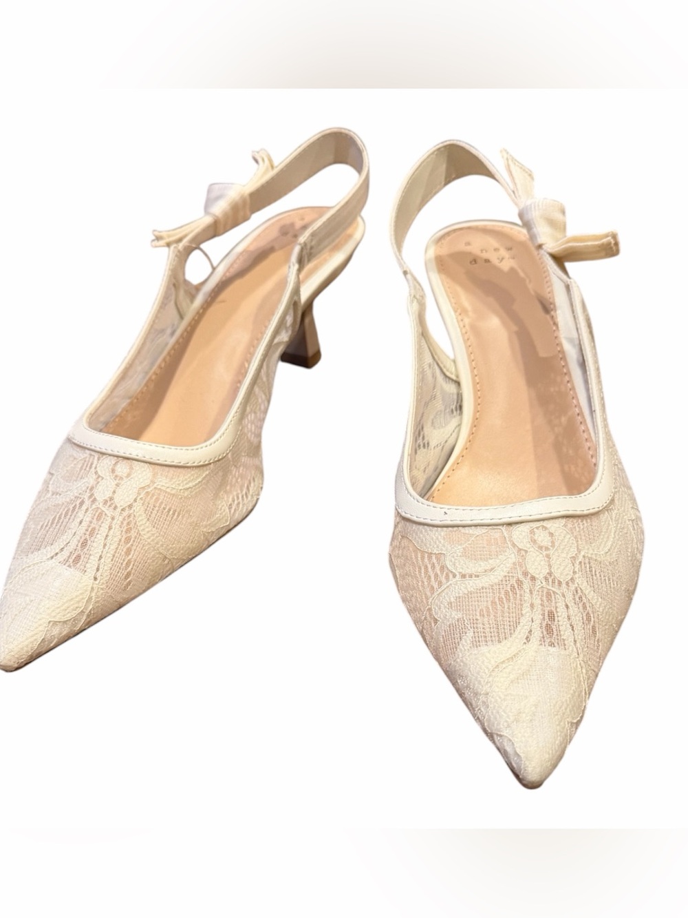 a new day Cream Lace Pointed Slingback Heels with Bow